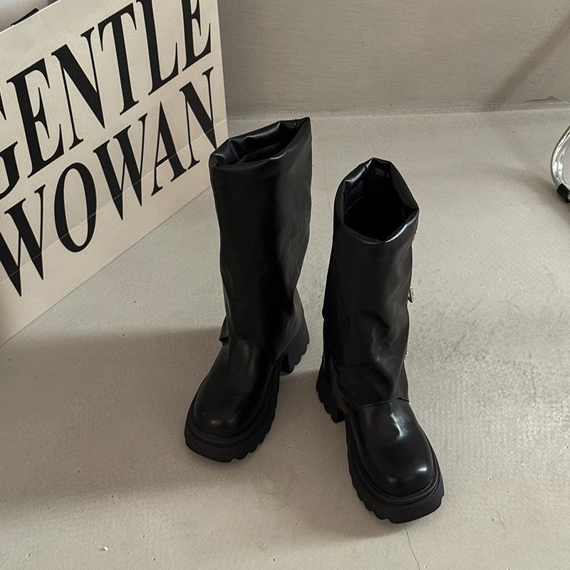 Belt buckle stacking boots women's trouser boots autumn and winter new fashionable versatile thick-soled leather boots heightened and thin knight