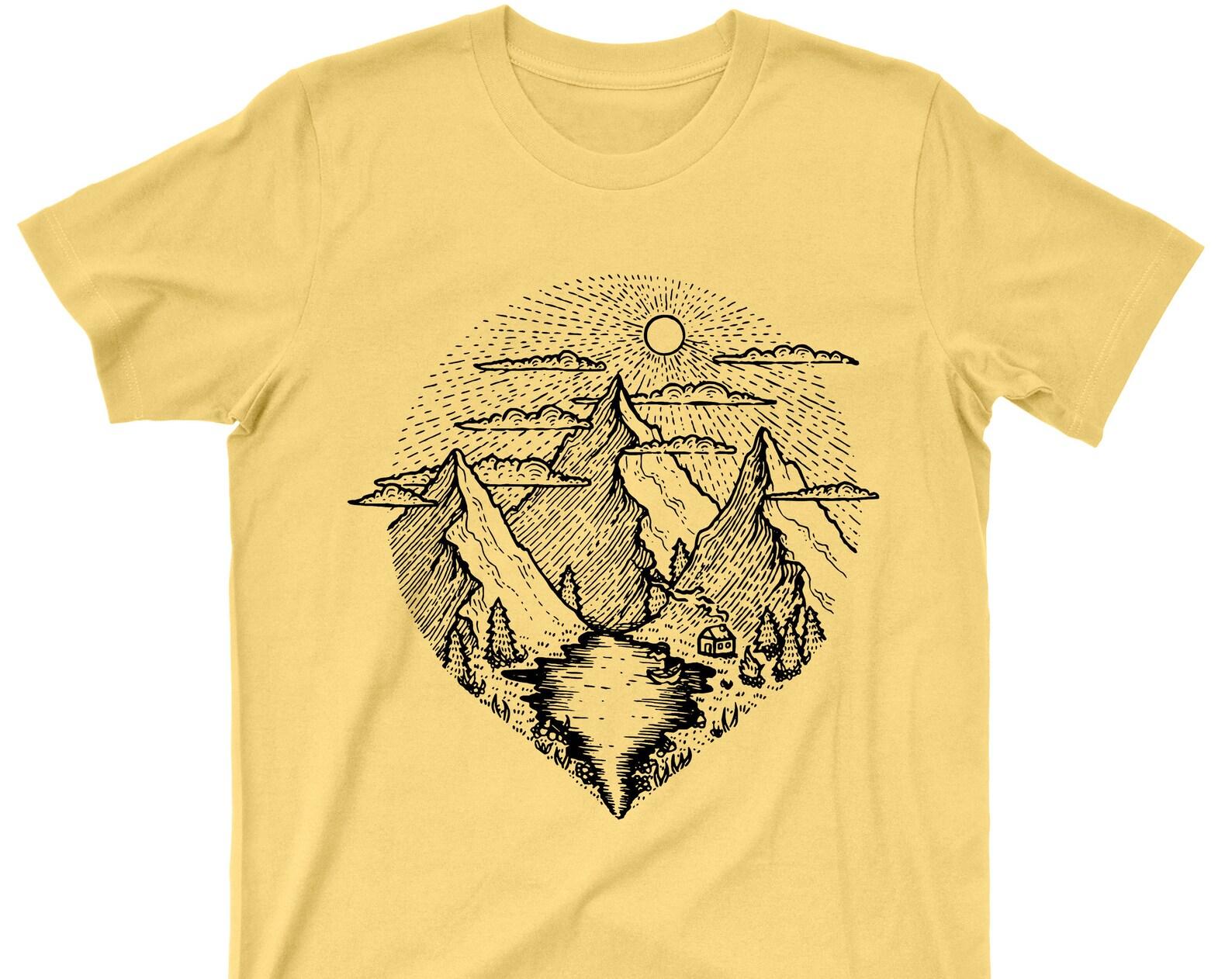 Sunrise Above Mountains T Shirt - Camping Cabin Forest Woods Nature Fresh Mountain Stream River Boat Graphic TShirt S