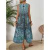 Robe d'été pour femme Nouvelle imprimée sans manches col en V Vacances à la plage Robe longue pour femme Mode Vintage col rond Décontractée ample Bohème pour femme Robes