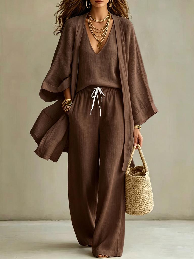 European/American Spring-Fall Three-Piece Set: Loose 9-Sleeve Cardigan, Sleeveless Vest, and Long Pants.