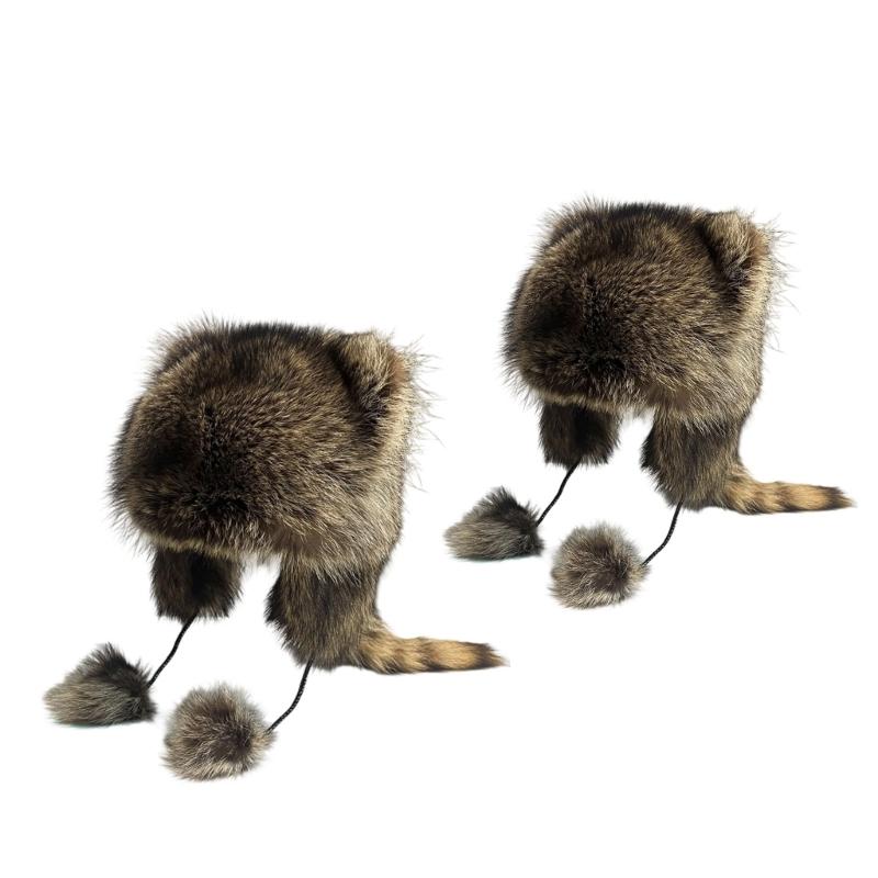 Furry Cartoon Raccoon Hat with Earflap Tail for Halloween Headwear Long Haired Hat Oversized Headgear Hat for Winter Small and medium.