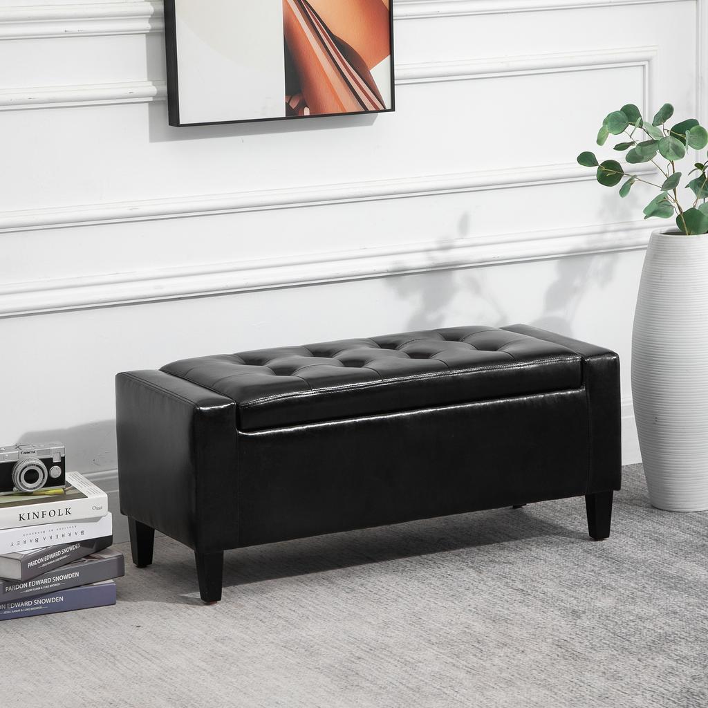 PU Leather Storage Ottoman Bench Storage Chest Tufted Ottoman Cube W/ Flipping Top 92L X 40W X 40H Cm Black