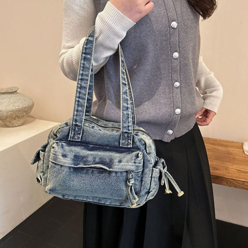 Spring New Large Capacity Washed Denim Shoulder Bag Lazy Style Student Simple Commuting Bag Casual and Minimalist Tote Bag