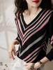 Women's Slimming V-Neck Striped Long-Sleeve Sweater – Versatile Autumn/Winter Fashion.
