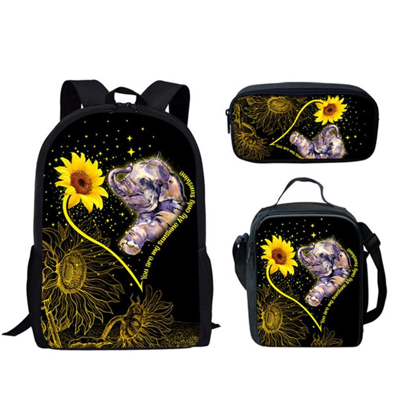 Klassiek Populair Grappig Dier Zonnebloemen 3D Print 3 stuks/Set leerling Schooltassen Laptop Dagrugzak Rugzak Lunchtas Etui