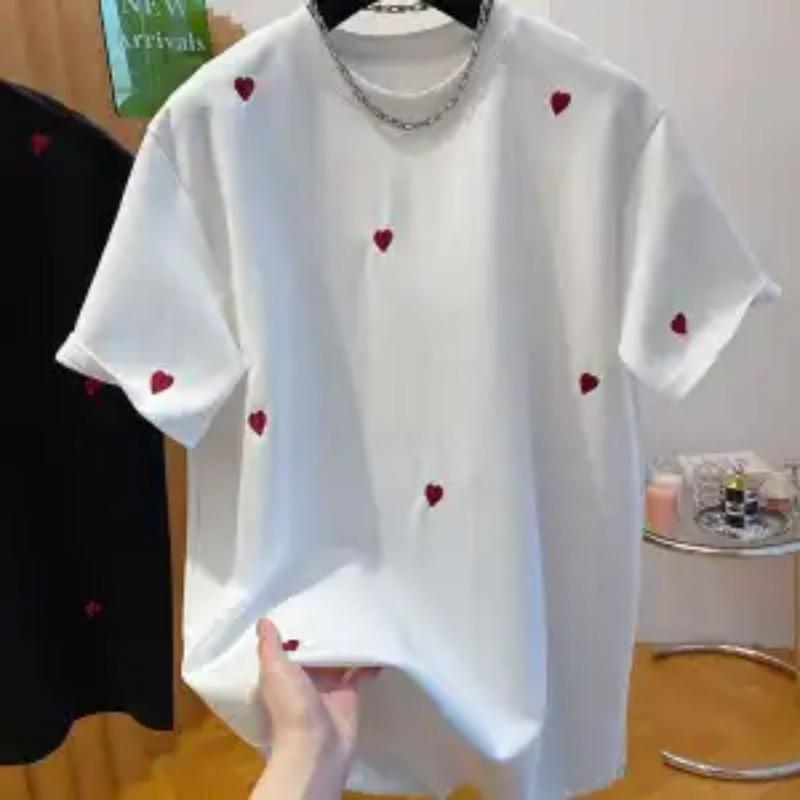Women's Heart Print Short Sleeve T-Shirt Casual Loose Fit Crew Neck Top