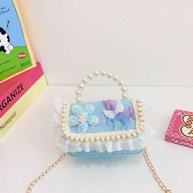 

Stylish Lace Cute Childrens Bag Beautiful Butterfly Pearl Handbag For Girls Toddler Blue