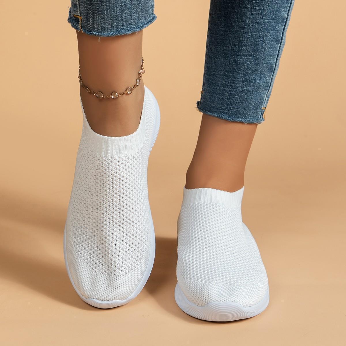 

Женские однотонные кроссовки, дышащие вязаные кроссовки для ходьбы, повседневная легкая спортивная обувь 42 белый