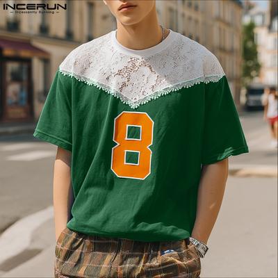 Men Lace Patchwork Neck Short Sleeve Letter Print Casual T-shirts Tops