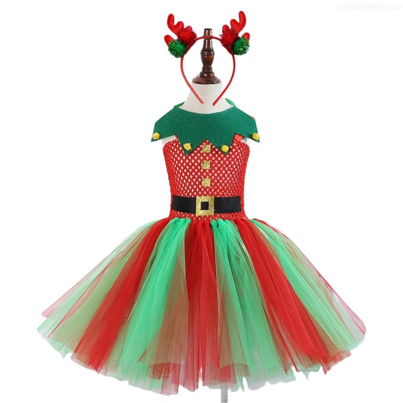 Kids Christmas Elf Costume Halloween Elf Dress Up Outfits with Dress and Christmas Hat (Or Headband) for Girl Christmas F0S4