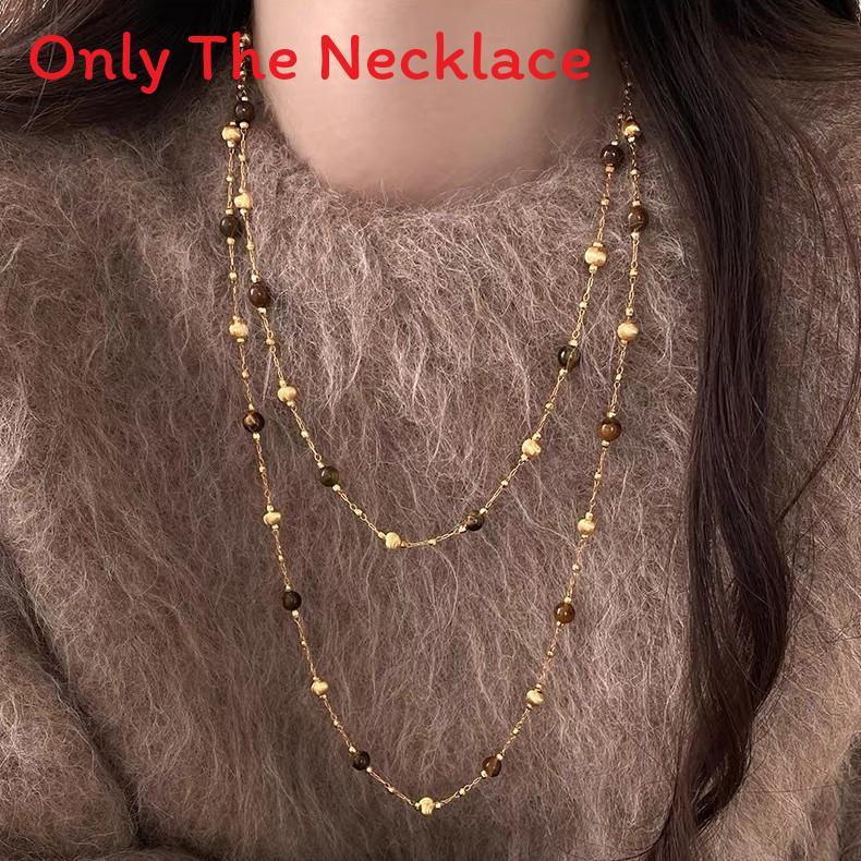 Tiger Eye Stone Multilayer Geometric Necklace With Beaded Chain For Women And Men