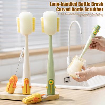 5 In 1 Bottle Cleaning Brush Set Multifunctional Sponge Bristles Reach Tight Spaces Compact Storage Cup Lid Cleaner Kitchen Tool