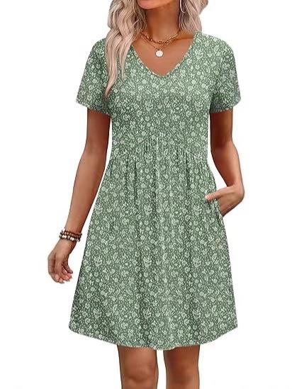 2026 Amazon s new summer casual V-neck women s dress, stylish beach vacation bohemian print dress S