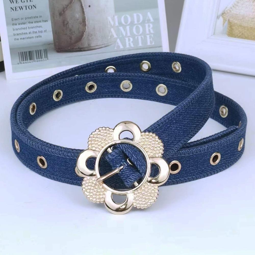 Metal Buckle Denim Waist Belt Hollow Flower Design Fashion Belt Decorative Waist Strap  For Women