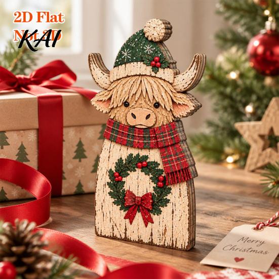 Farmhouse Holiday Gift Highland Cow Wooden Table Sign, Rustic Tiered Tray Centerpiece, 2D Flat Vintage Christmas Party Decor Tabletop Ornament