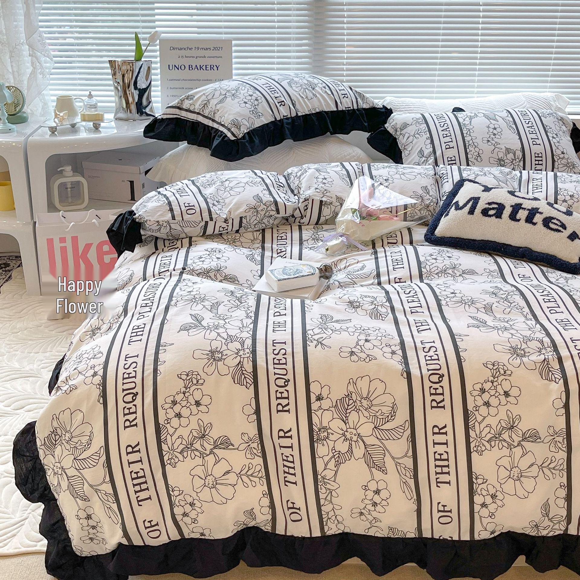 

Ретро черно-белый цветочный хлопковый комплект постельного белья из четырех предметов с французским кружевом (Подходит для кроватей 1,5 м-1,8 м) 1.2m Bed 3-piece Sheet Set (Duvet Cover 160x210cm)