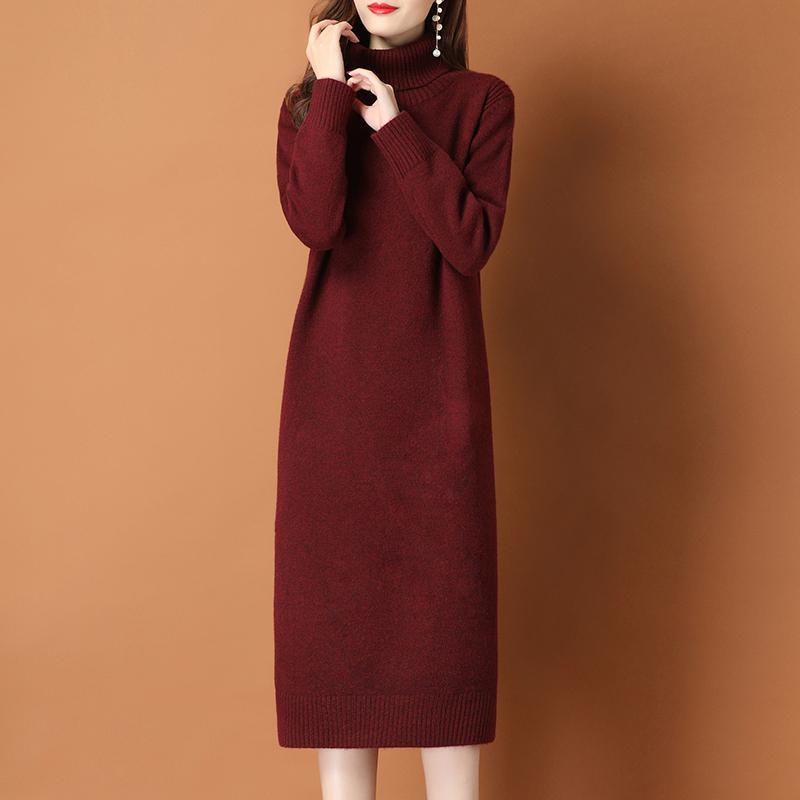 

Платье-свитер с высоким воротником для женщин, однотонное, средней длины до колена, вязаный свитер, свободный пуловер с длинным рукавом, осень и зима XL вино красного