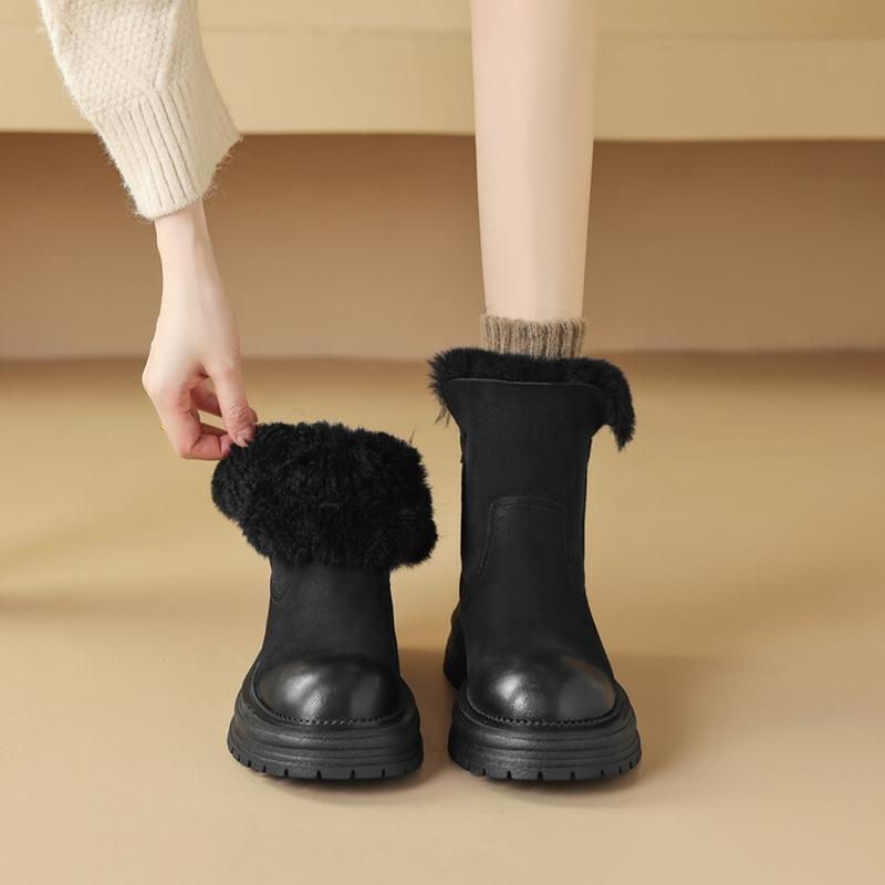 Fashion NEW Winter Women Boots Genuine Leather Shoes for Women Round Toe Chunky Heel Shoes Solid Zip Platform Shoes Warm Wool Snow Boots