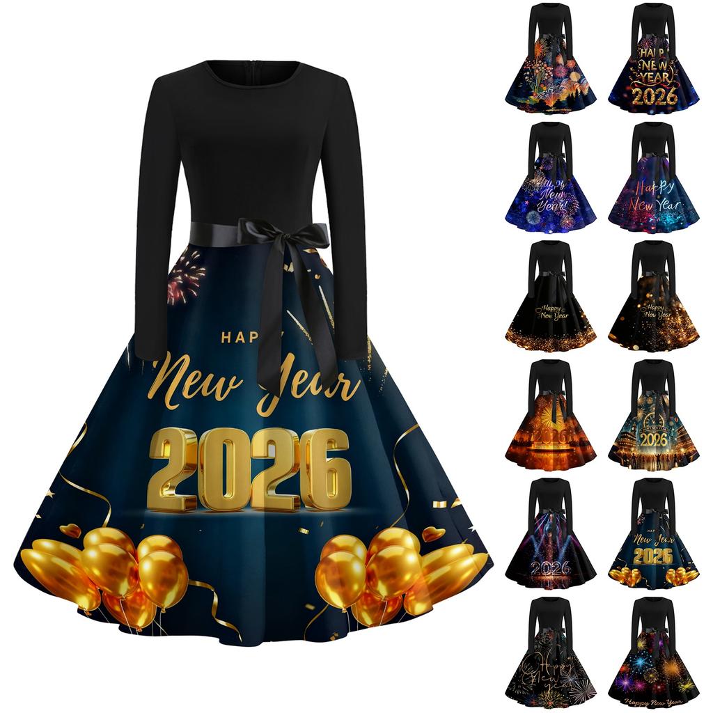 Women's Casual Fashion Round Neck Long Sleeve New Year Printed Retro Dress