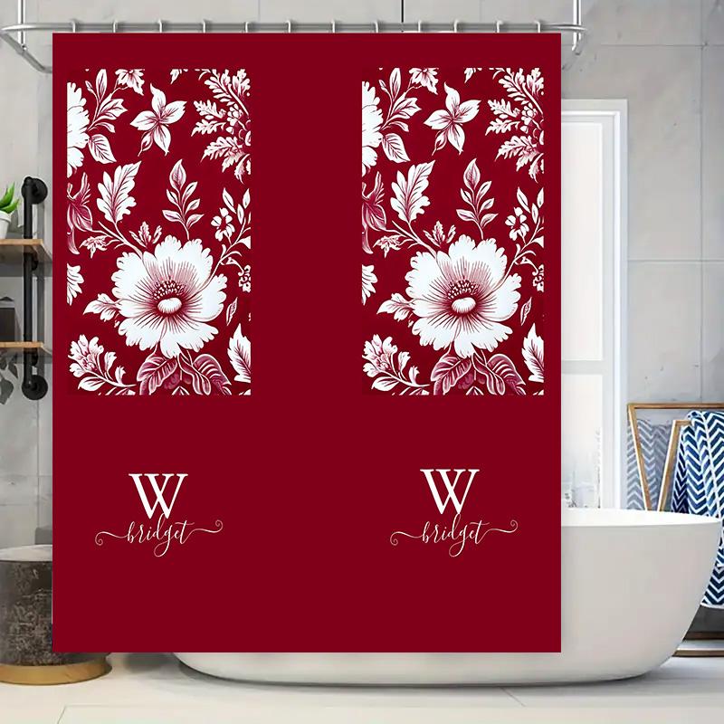 

Red Floral Print Shower Curtain With Monogram For Bathroom Decor W Bridget Luxury Customizable Design W60H190(CM)-1 Pcs
