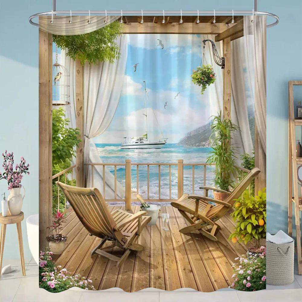 Simulation Window Beach Forest Outdoor Shower Curtain Tropical Seaside Landscape Bohemian Cloth Hanging Curtains Bathroom Decor