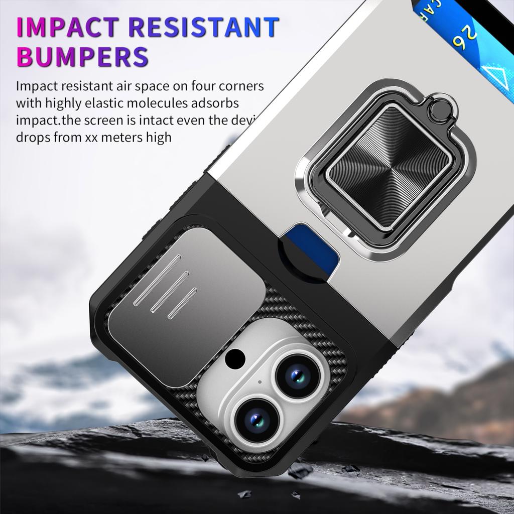 For iPhone 17 Case Kickstand Slide Lens Lid PC+TPU Phone Cover with Card Slot