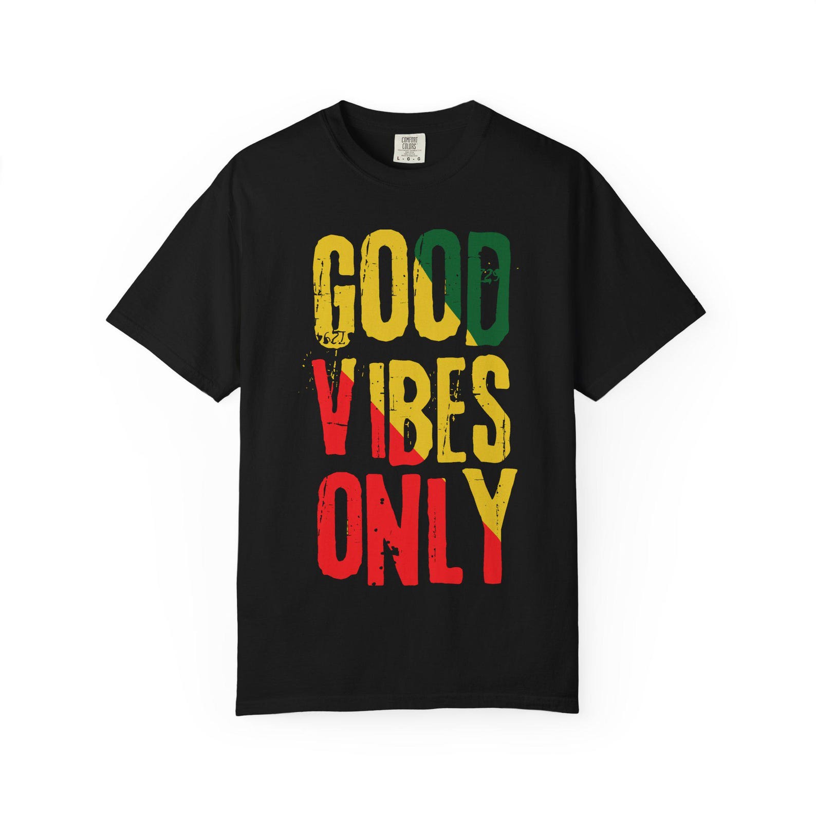Good Vibes Only T-Shirt | Rasta Colors Distressed Text L