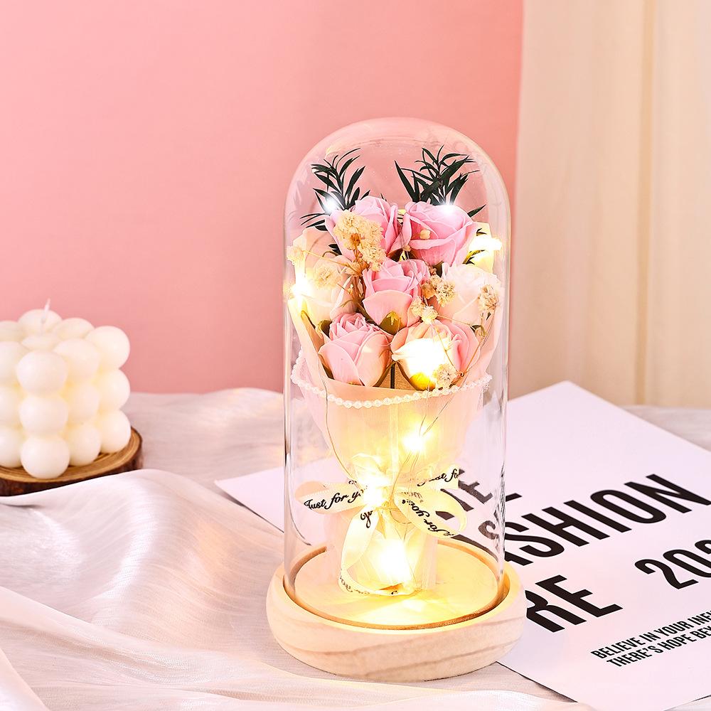 Qixi Festival Valentine's Day Gift Log Base Immortal Rose Glass Cover Creative Soap Flower Gift