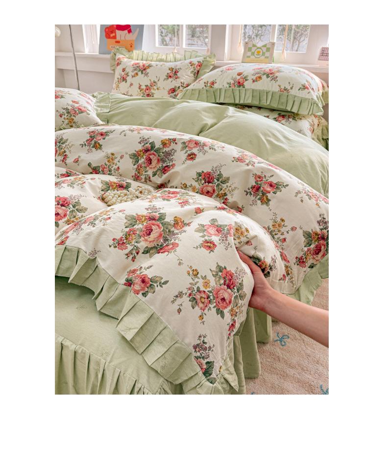 Fairy-Style Cotton Ruffled Bed Skirt & Pastoral Duvet Cover Set