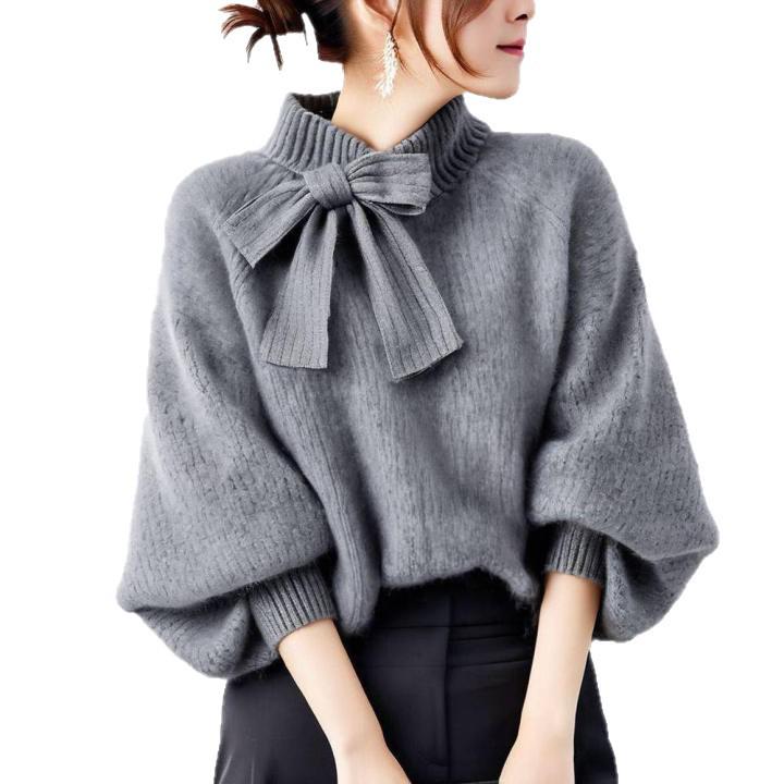 Japanese Autumn/Winter 2026 Stand Collar Bow Lantern Sleeve Knitwear