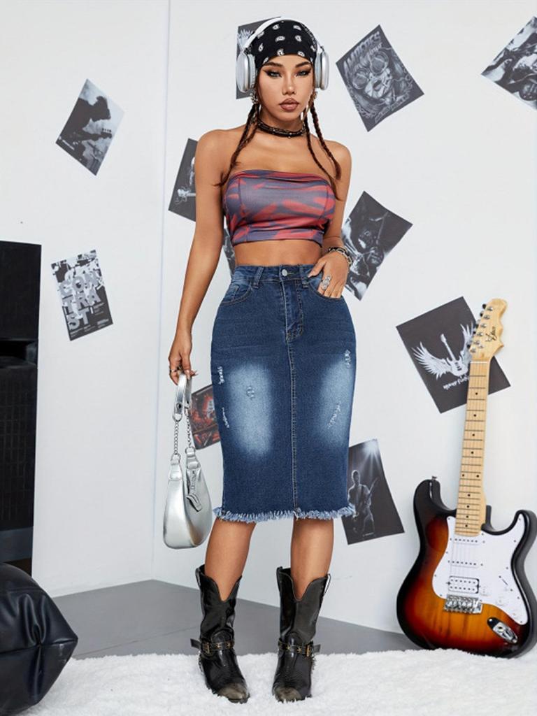 Damen Bodycon Midirock mit Rissen - Denimrock mit rohem Saum