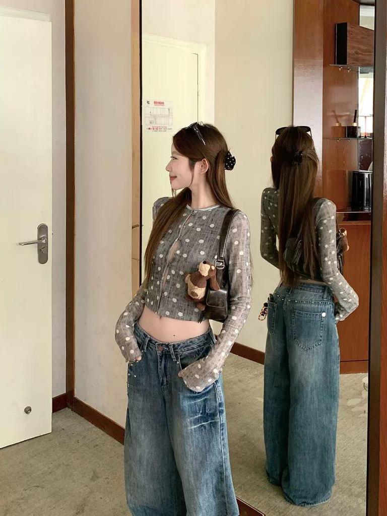 Spicy Girl Grey Polka Dot Long Sleeve Cropped T-Shirt for Women - Autumn Korean Style, Chic & Slimming