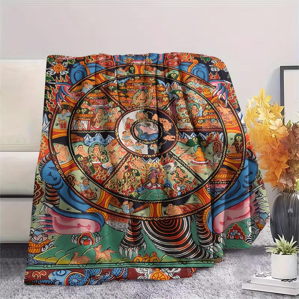 1Pc Buddhism Wheel Print Flannel Blanket, High quality Comfortable for All Seasons, Home Decor, Warmth and Comfort, Perfect for Christmas Gifts