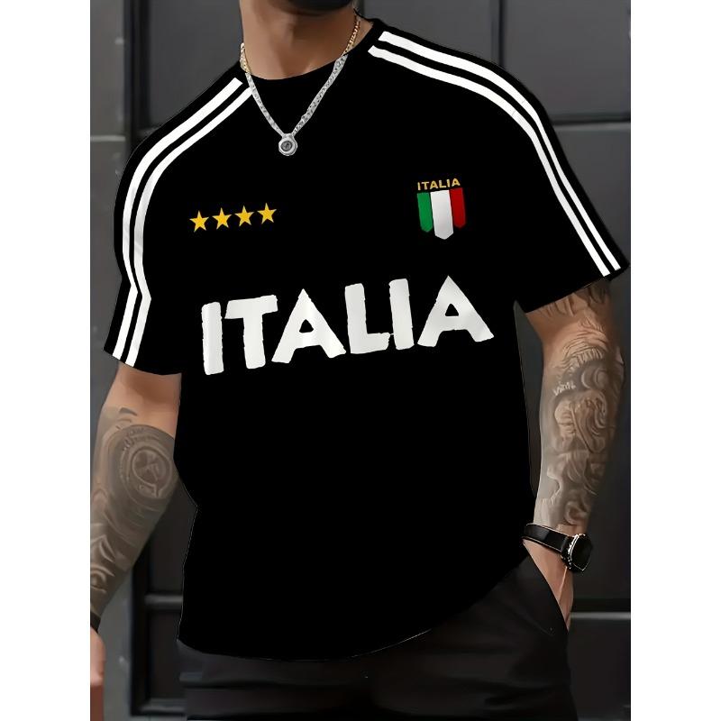 Men's Crew Neck T-shirt With "ITALIA" Print Soft And Breathable Suitable For Outdoor Sports Casual Wear And Holiday Celebrations