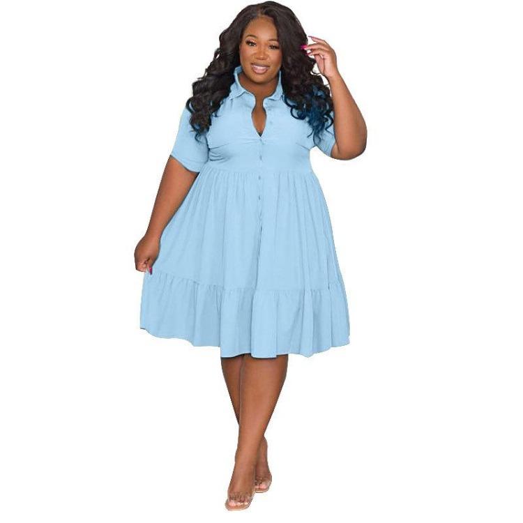 Elegant Casual Solid Color Shirt Dress Summer Short Sleeve Lapel for Plus Size Women