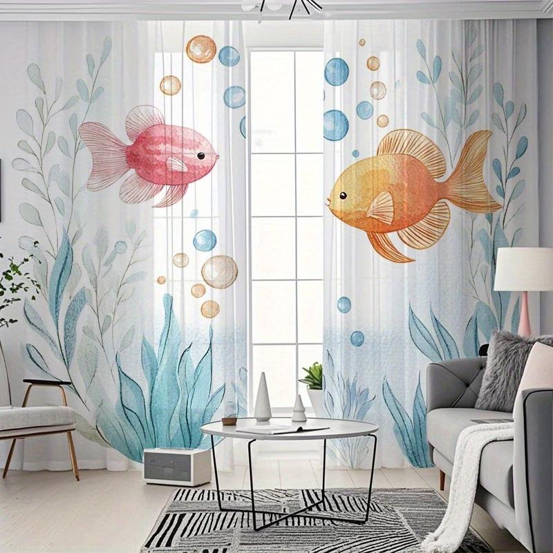 2PCS Digital Printing Sheer Curtain, Watercolor Ocean Fish Seaweed Pattern, Cute Cartoon Nautical Kids Bedroom Home Decor