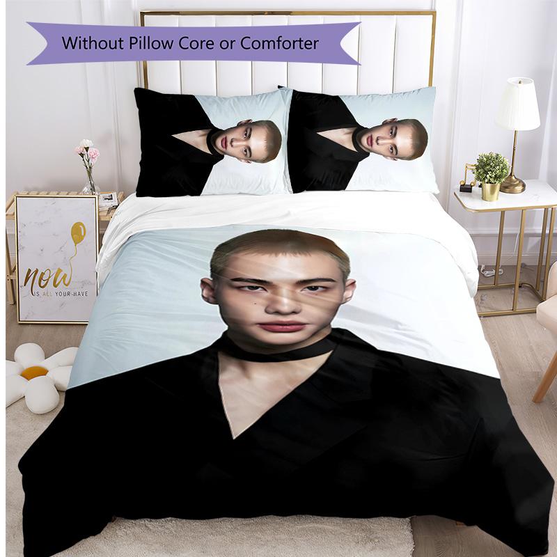 hyunjin Printed 3PCS Bedding Set Soft Breathable Duvet Cover Pillowcases Set Washable Bedroom Decor Home Gift