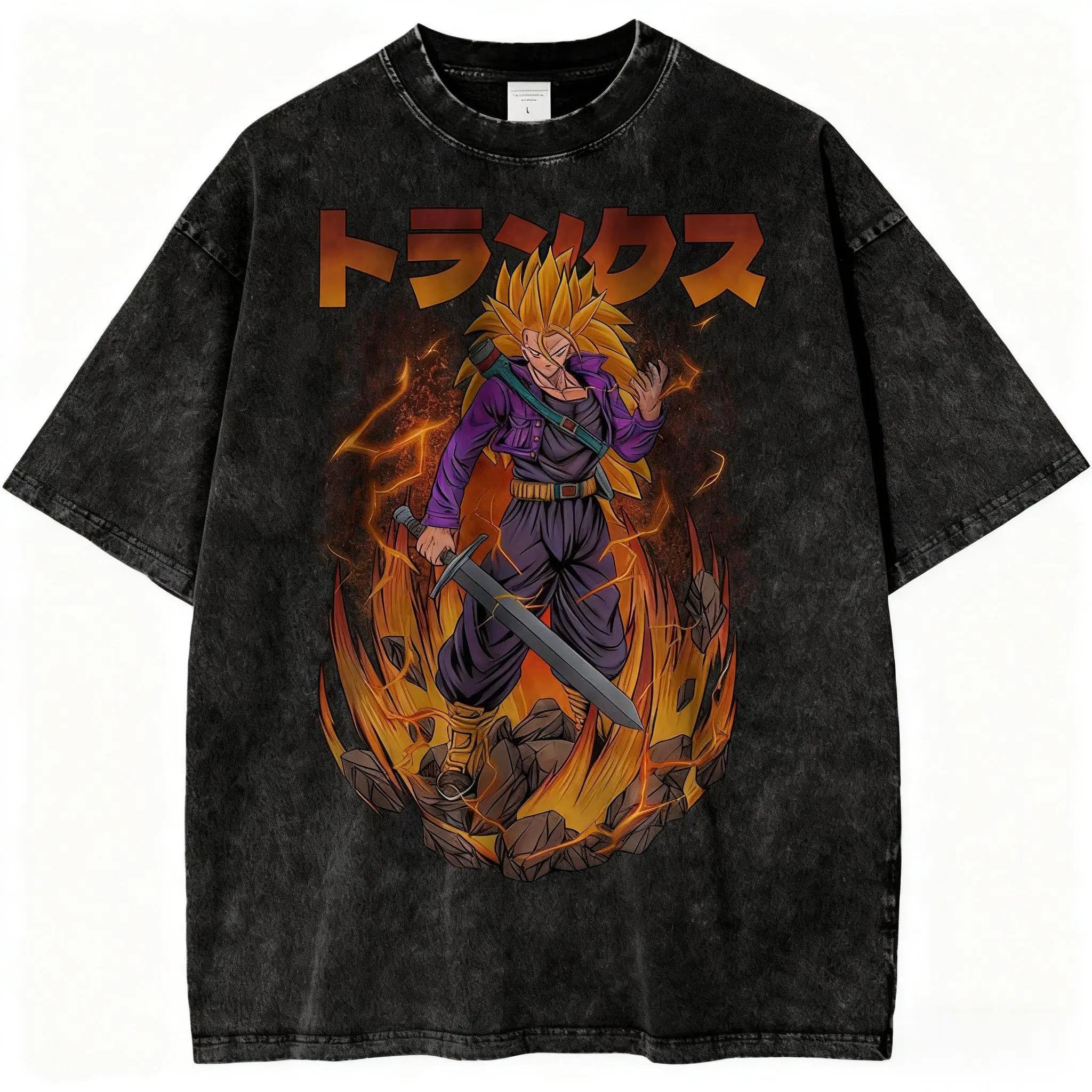 

Dragon Ball Z Super Saiyan 3 Trunks Sword Flame Aura Vintage Washed Oversized Streetwear Women And Men T-Shirt L