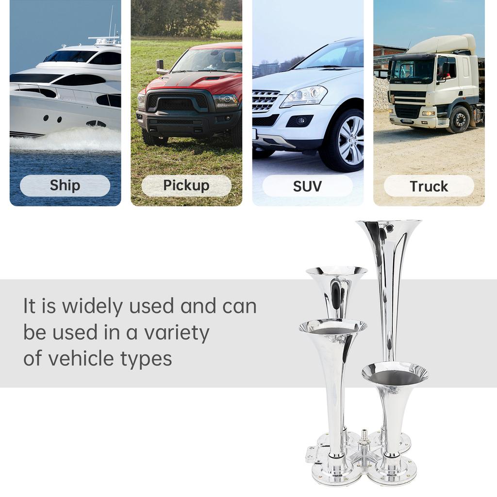 12V 185dB Four Trumpet Air Horn with Compressor - Silvery Musical Sound for Trucks / Cars