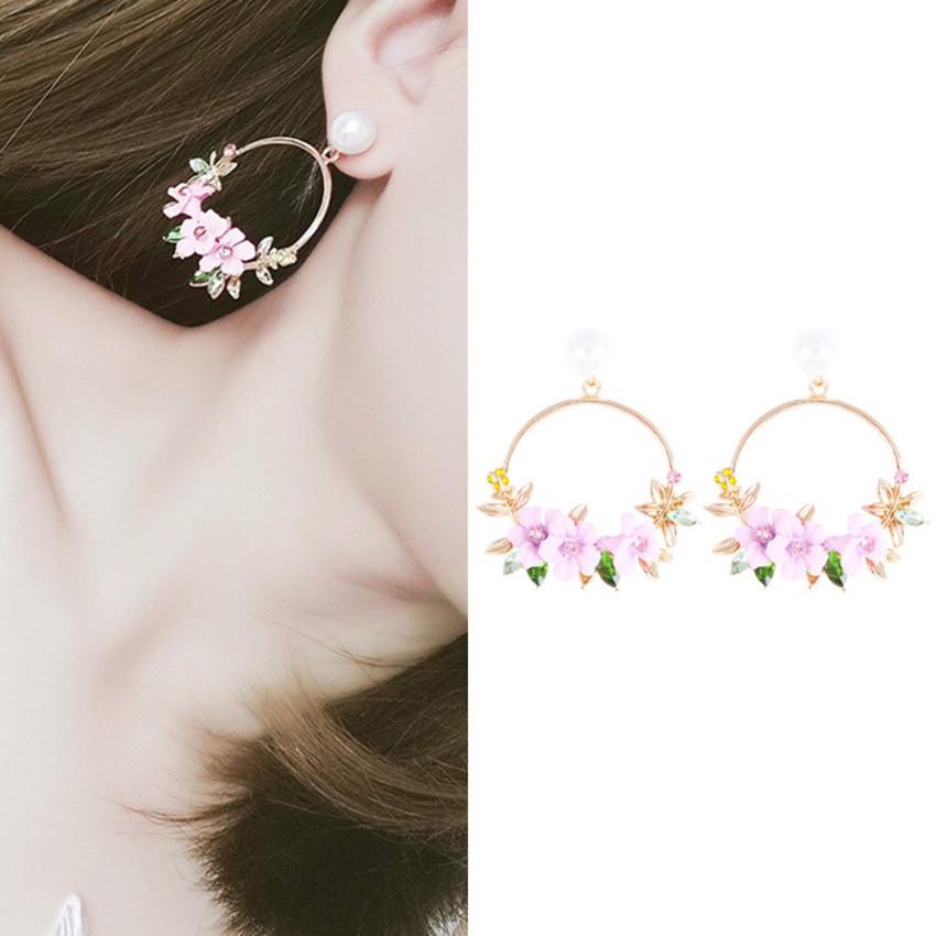 Set Auger Flowers Stud Earrings Joker Color Resin Alloy with Pearls Women Earrings
