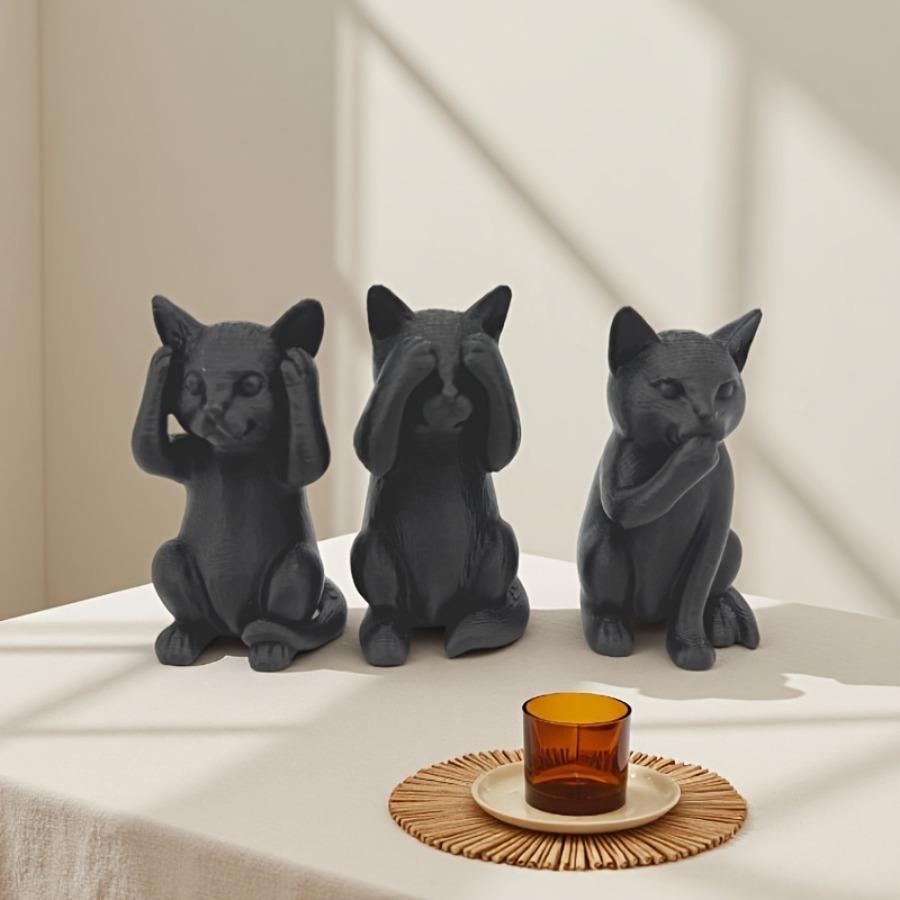 3 minimalistiska kattskulpturer med tre visdomskatter, kattformade skulpturer, unika heminredningssmarta ornament, designade utan lukt eller ord