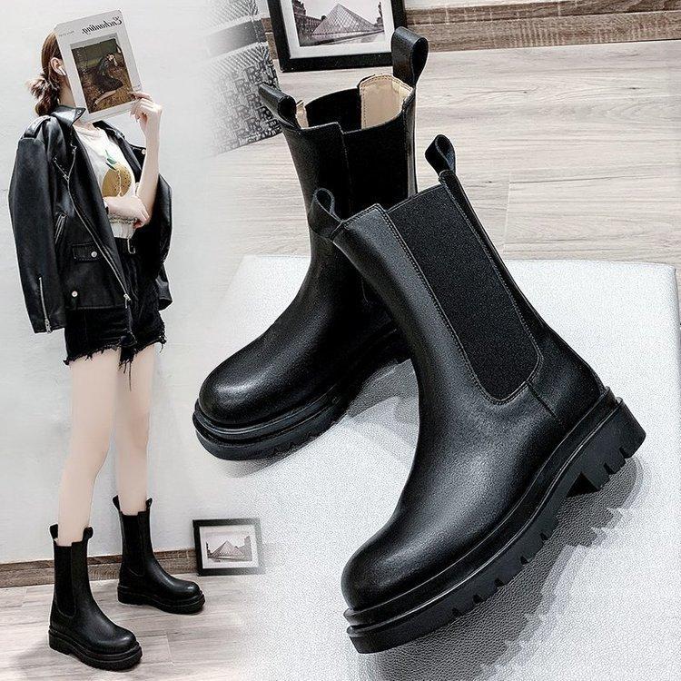 Flat-bottomed High-heeled Martin Boots with Round Head, New Thick-heeled Medium-tube Martin Boots, Elastic Foot Boots.