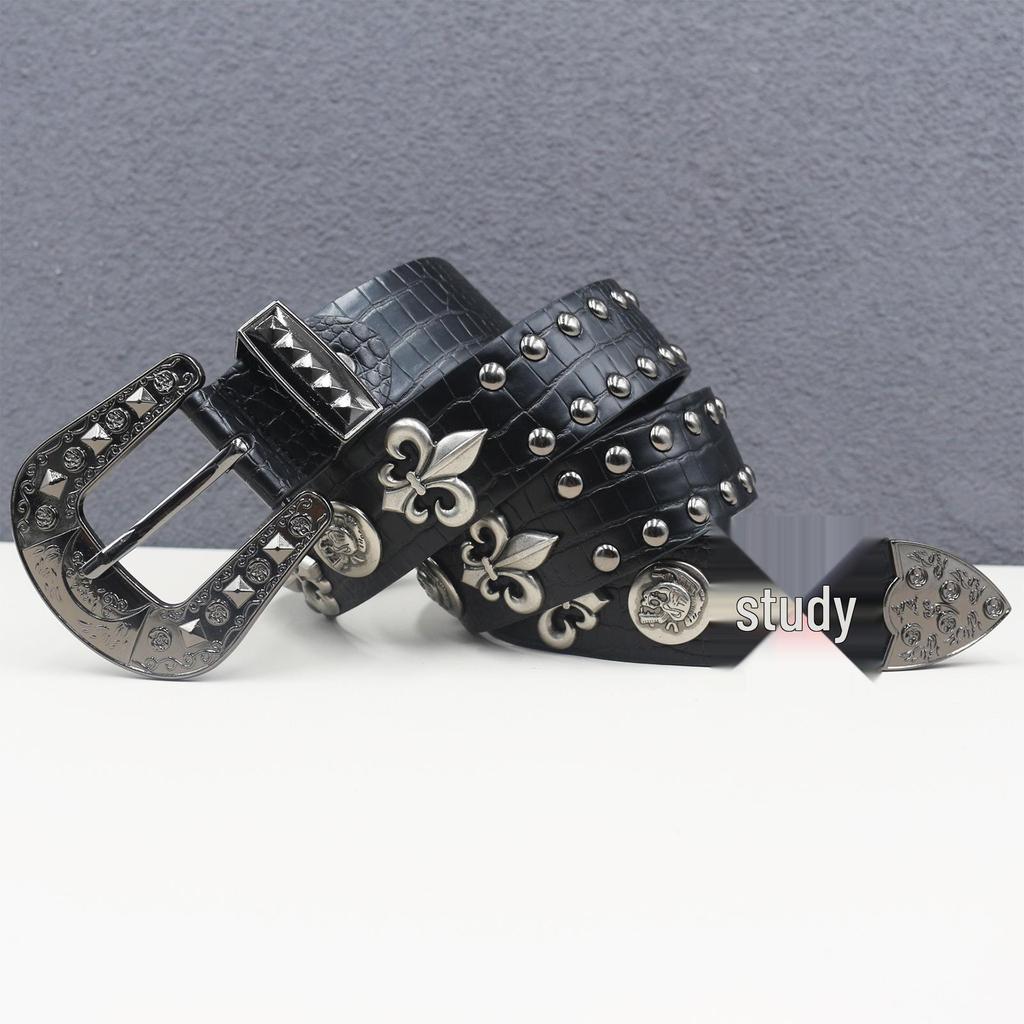 Skull Rivet Crocodile Pattern Leather Belt - Unisex Punk Style