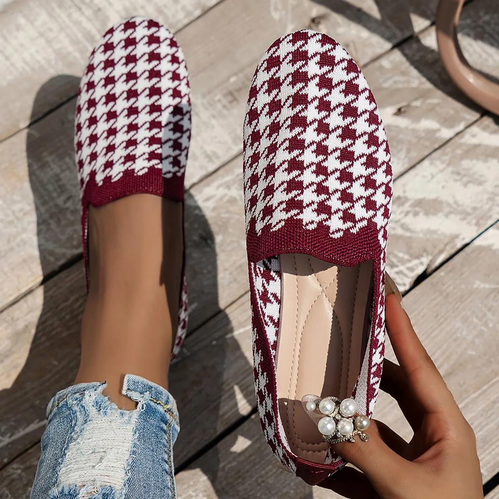 2025 Round Toe Flat Shoes Female Shallow Mouth Sports Footwear Womens Plus Size Walking Knitting Sandals Plaid Print Loafers