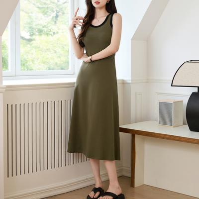 Vestido Colete Longo Grande com Senso de Design de Cor Contrastante para Verão Feminino Novo Algodão Puro Slim Saia Longa