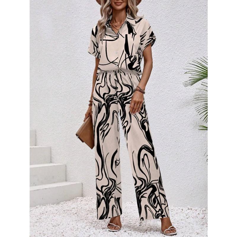 

women s 3D Printed Short Sleeve Collared Shirt Wide Leg Pants Casual Two Piece Outfit Summer Pant Suit S абрикосовый