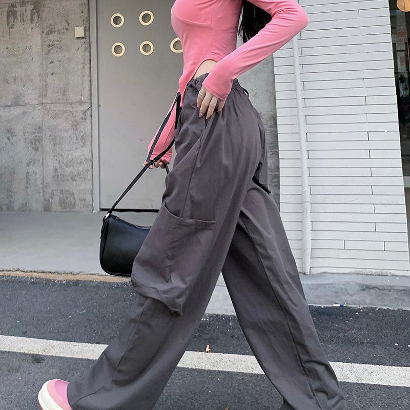 Grau Amerikanischer Herbst Süß Cooles Mädchen Rosa Lockeres Design Retro Nische Lässige Weitbeinige Hose Damenbekleidung Cargo Y2k