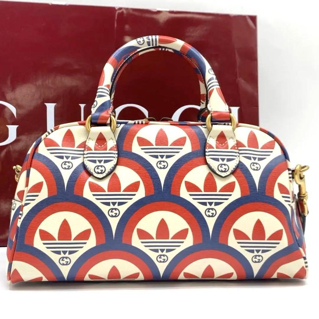 GUCCI ADIDAS Collaboration Double Branded Multi Color 2Way Duffle Bag Sherry Line Mini Boston Shoulder Bag Leather