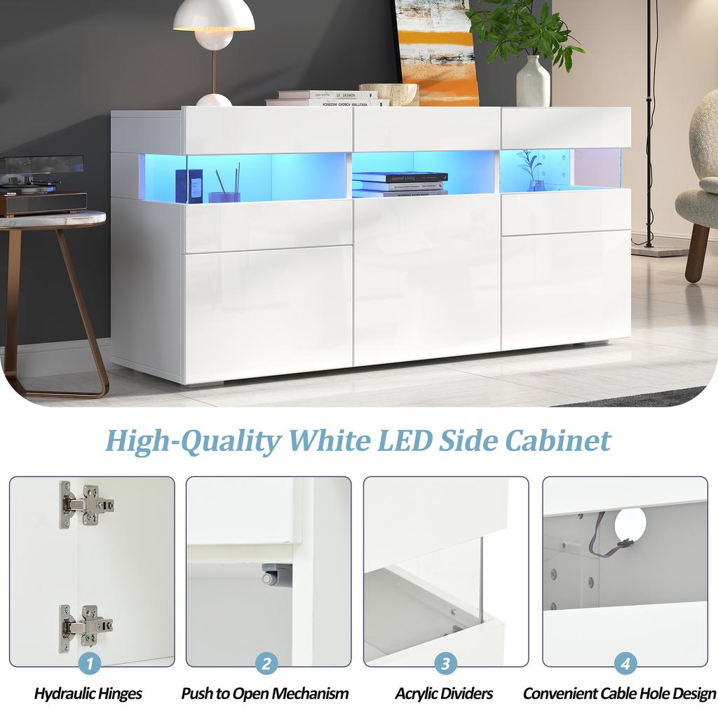 Credenza per soggiorno 140*40.5*66.5cm con 3 ante, finitura lucida, striscia luminosa a LED, acrilico trasparente, 7 scomparti, bianco