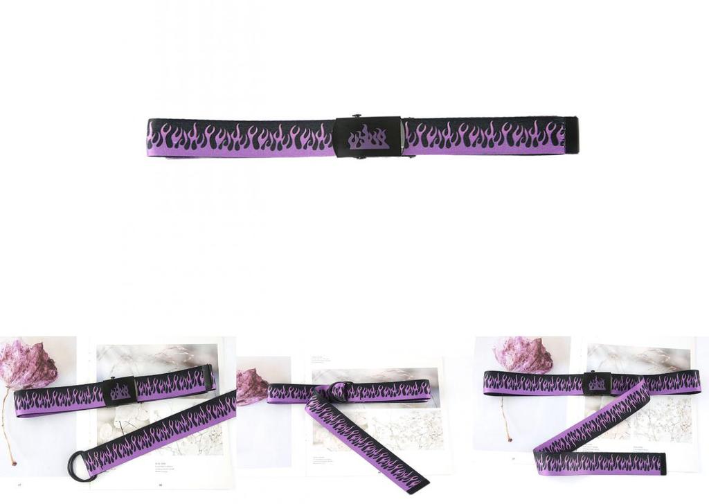 Hip Hop Purple Flame Canvas Belt With Smooth Iron Buckle For Men
